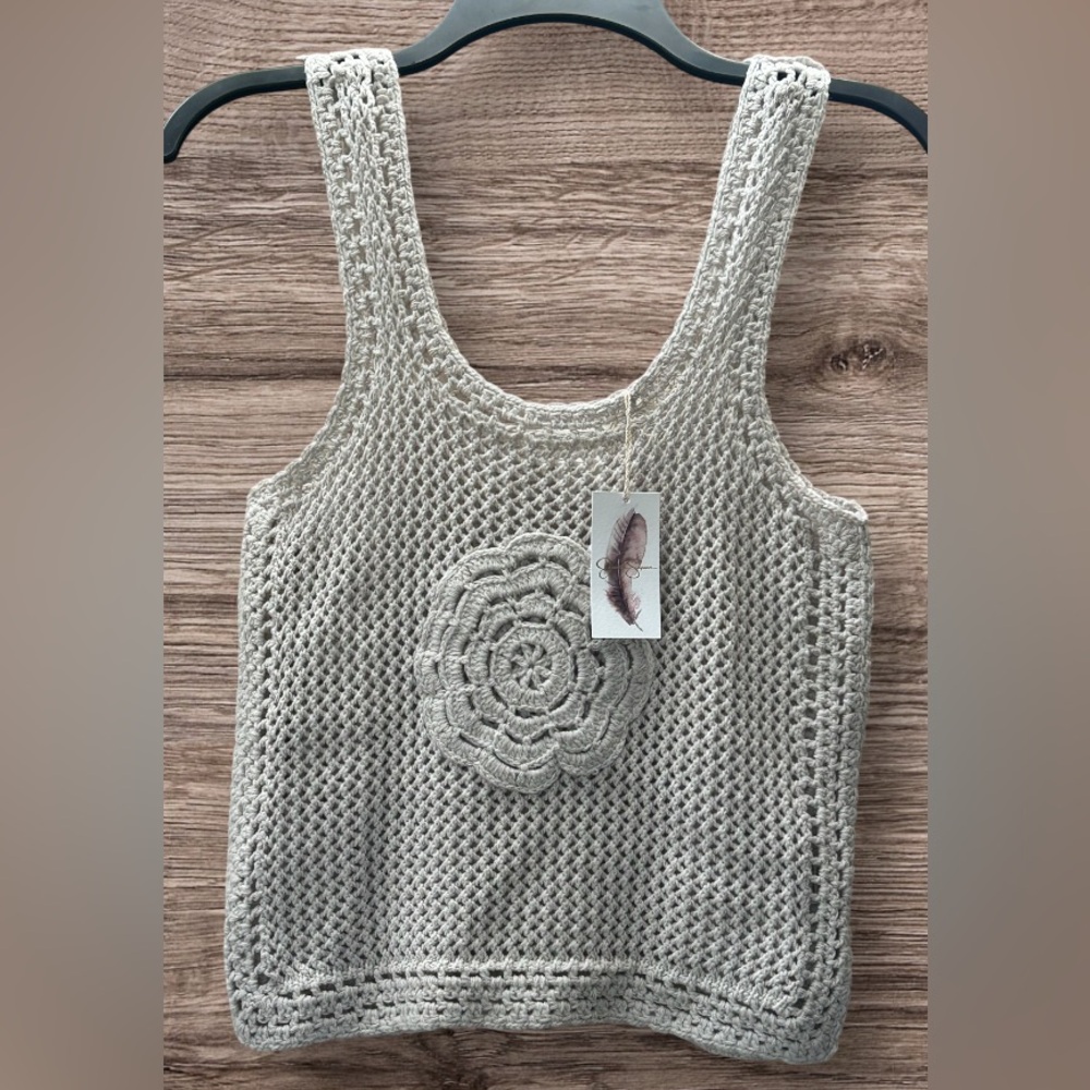 NWT Jessica Simpson Crochet Knit Cream Beige Boho Tank Flower Detail Size XS - Picture 2 of 9